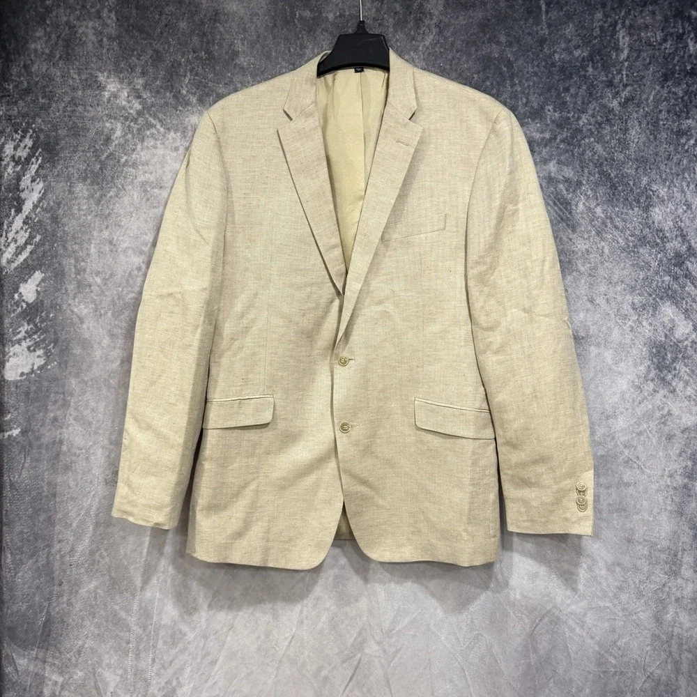 Jos A Bank Linen Blend Two Button Tailored Fit Blazer Beige Size  42L Lapel